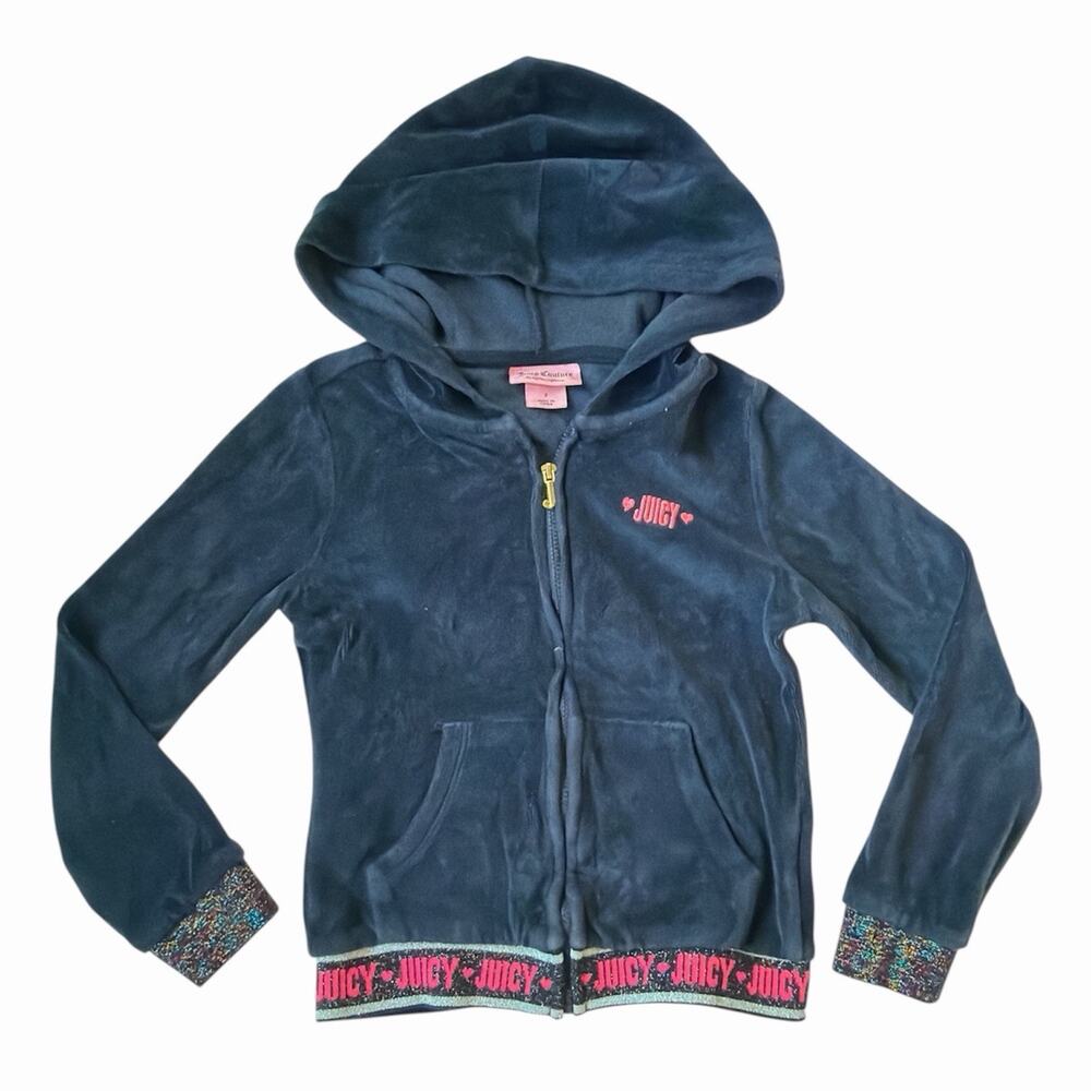 Y2K Girls Navy Blue Velour Juicy Jacket With Sparkle Details & Embroidery Size 7